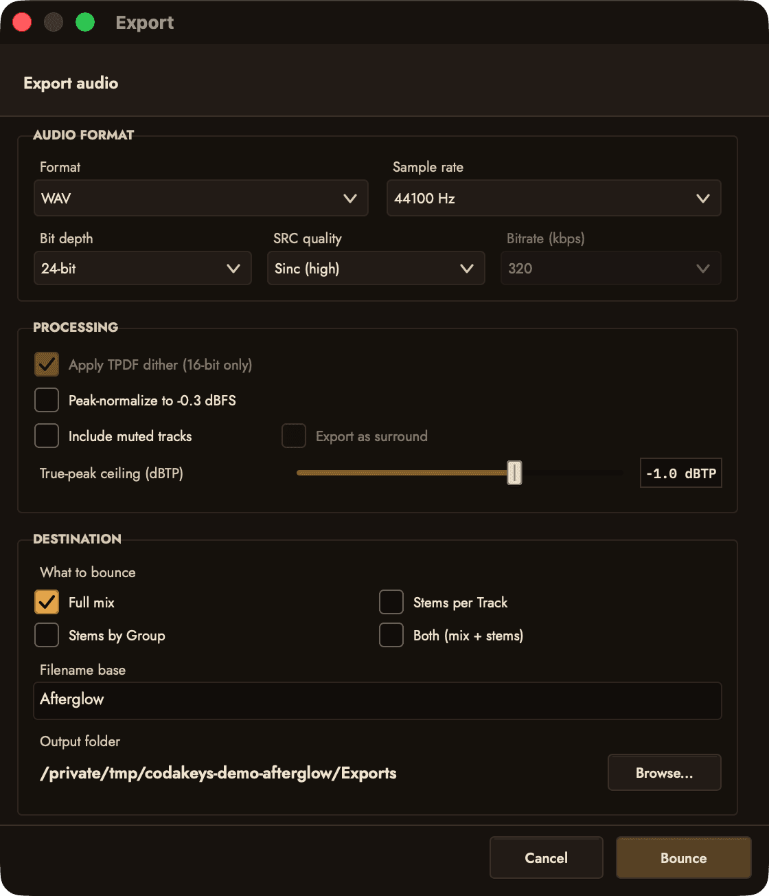 The Export window: format, sample rate and bit depth, processing options, and what to bounce: Full mix, Stems per Track, Stems by Group or Both