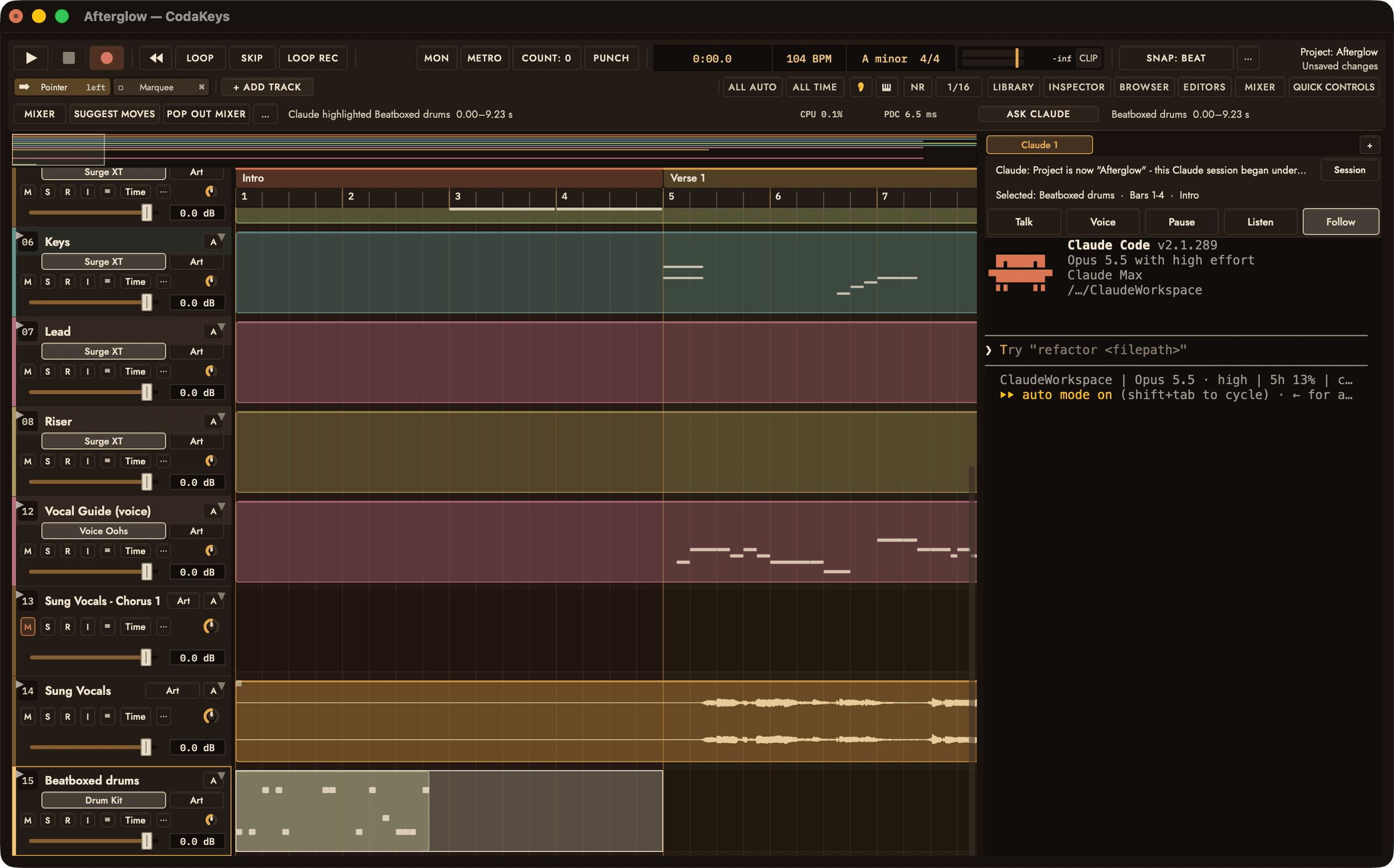A new Beatboxed drums track at the bottom of Afterglow: a six-second beatbox take turned into drum hits on a Drum Kit, under the band and the sung vocals