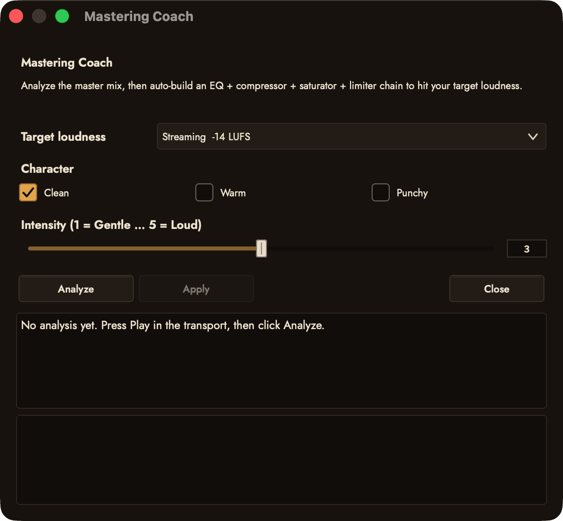 The Mastering Coach: a target loudness menu set to Streaming -14 LUFS, Clean, Warm and Punchy character choices, an intensity slider, and the Analyze and Apply buttons