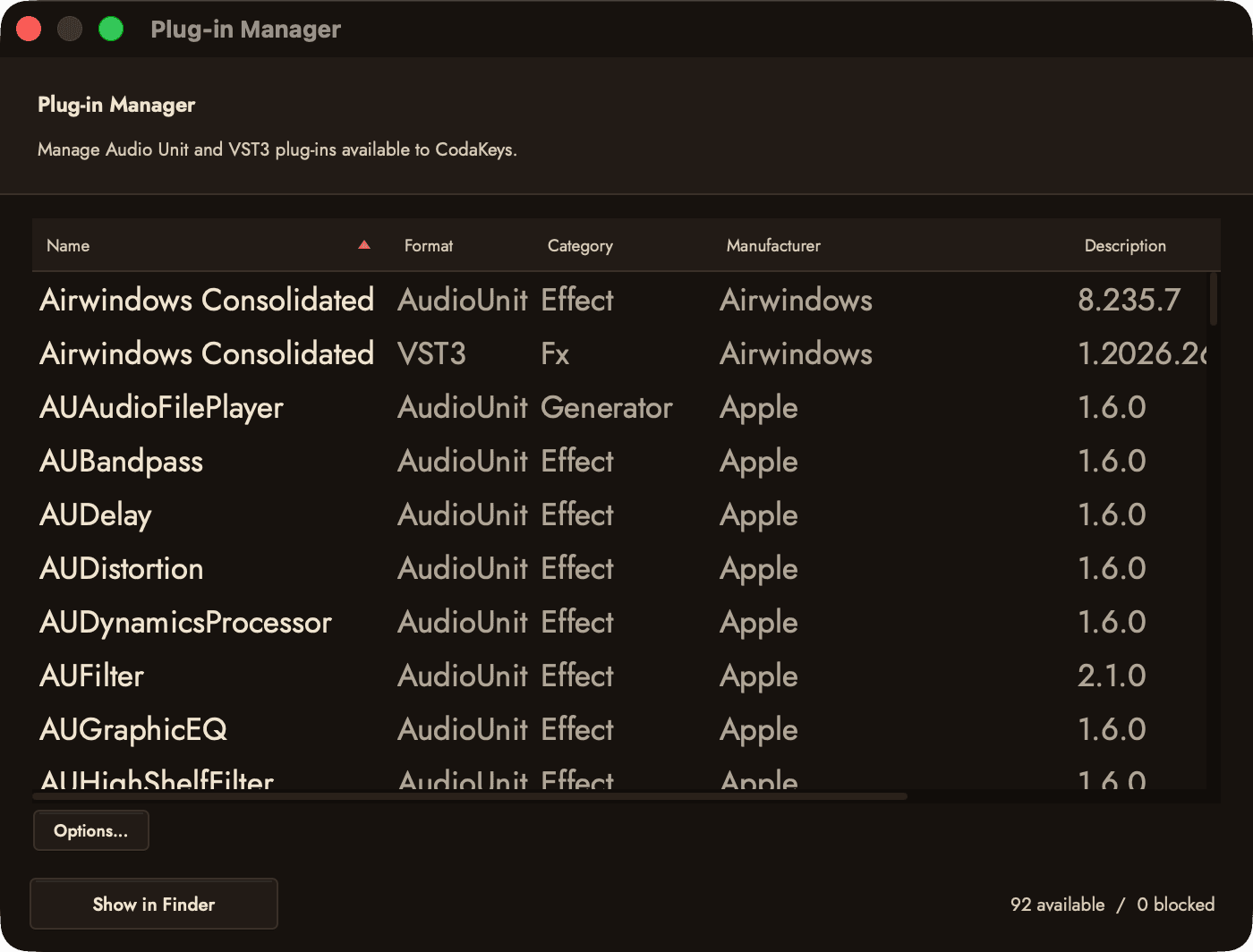 The Plug-in Manager listing the Audio Unit and VST3 plug-ins found on this Mac, with their format, category and maker