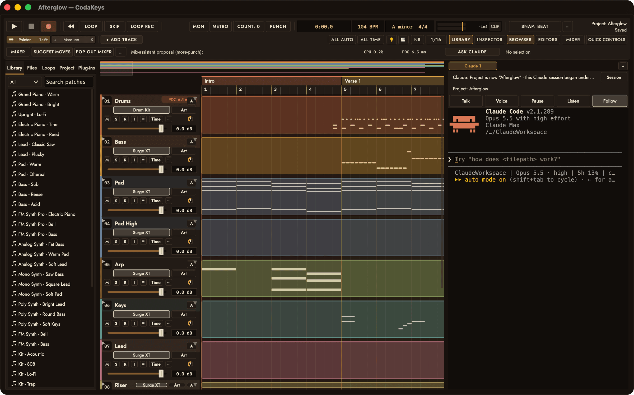 The Library open beside Afterglow, listing CodaKeys’ built-in patches: pianos, electric pianos, leads, pads, basses, synths and drum kits