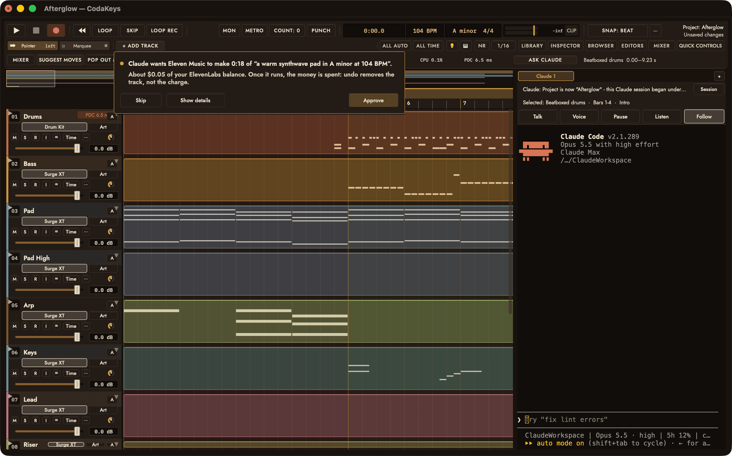 A spend card at the top of the window: Claude wants Eleven Music to make 0:18 of a warm synthwave pad, about $0.05 of your ElevenLabs balance, and once it runs the money is spent: undo removes the track, not the charge; with Skip, Show details and Approve