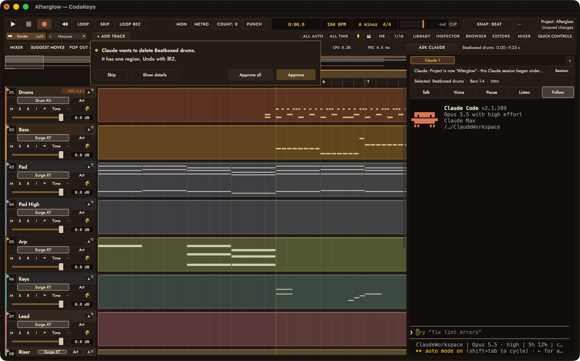 A card at the top of the window asking first: Claude wants to delete Beatboxed drums, it has one region, undo with Command-Z; with Skip, Show details, Approve all and Approve