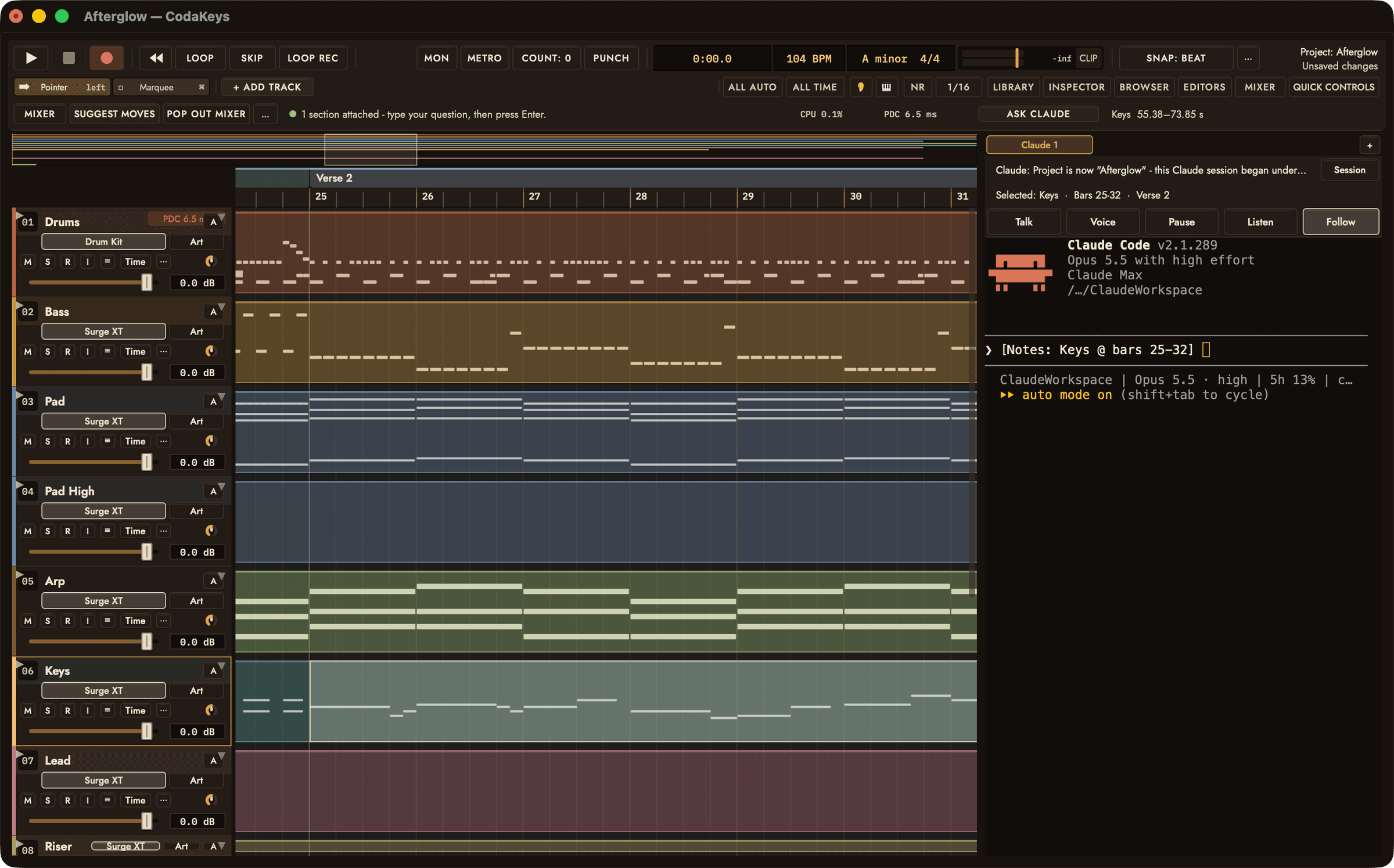 Afterglow with Verse 2 selected on the Keys track; after Ask Claude, the tag [Notes: Keys @ bars 25-32] waits unsent in the Claude panel’s input