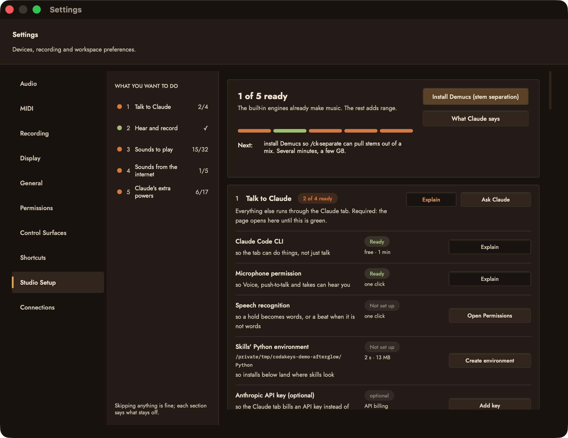 Settings open on Studio Setup: the five things you might want to do on the left, and the Talk to Claude section with the Claude Code CLI and Microphone permission rows marked Ready