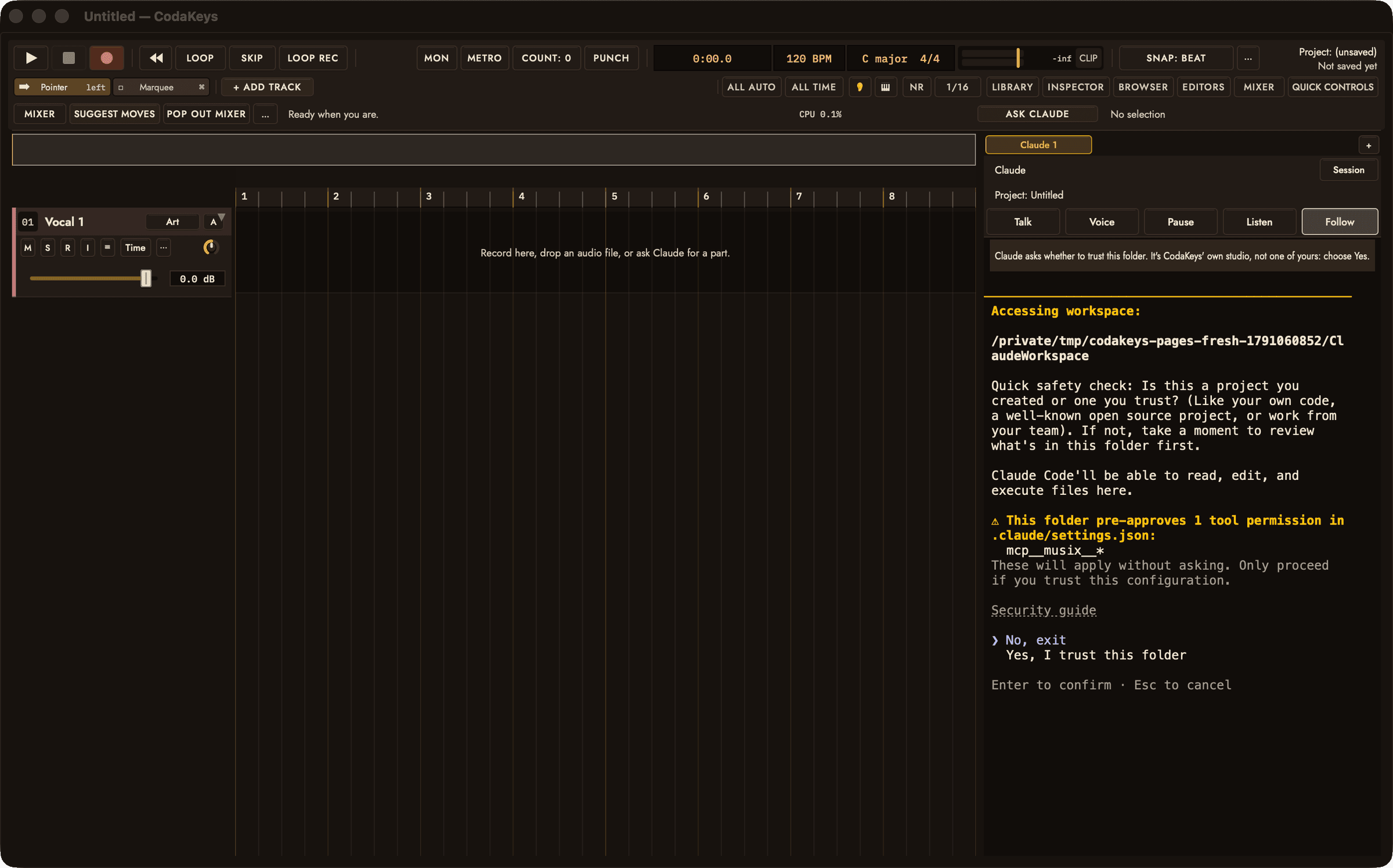 A first start of CodaKeys: in the Claude panel, Claude Code asks whether to trust its workspace folder, and CodaKeys’ note above the question says the folder is its own studio and to choose Yes
